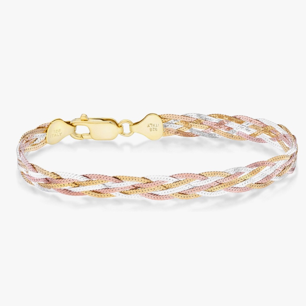 Italian 925 Sterling- Tricolor 18K Gold 7mm Braided Herringbone Chain Bracelet